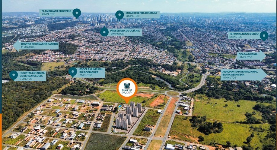 Mapa aéreo mostrando a localização do Gran VIC Origem e pontos de referência no Novo Mundo, Goiânia