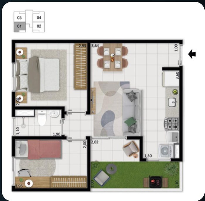 Planta do apartamento térreo do Gran VIC Origem, 42,53 m², com quintal privativo