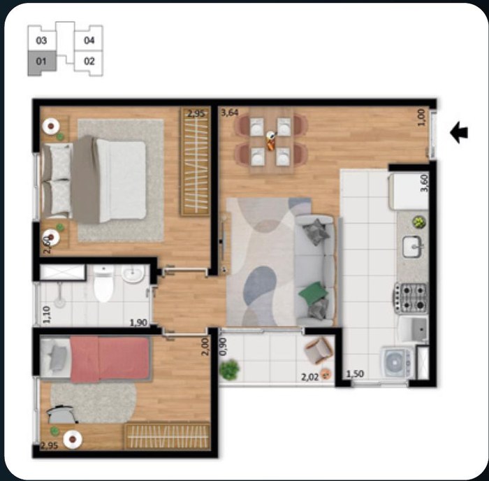 Planta do apartamento tipo e PCD do Gran VIC Origem, 37,95 m²